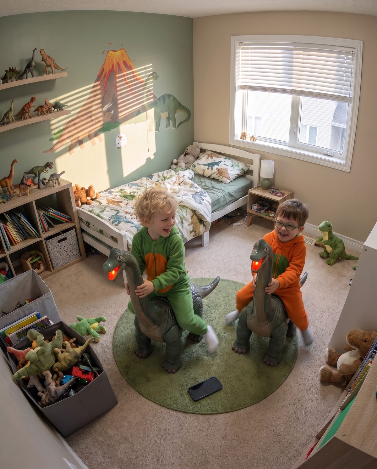 Two happy brothers laughing while riding DinoStride dinosaur toys, phone left on the floor